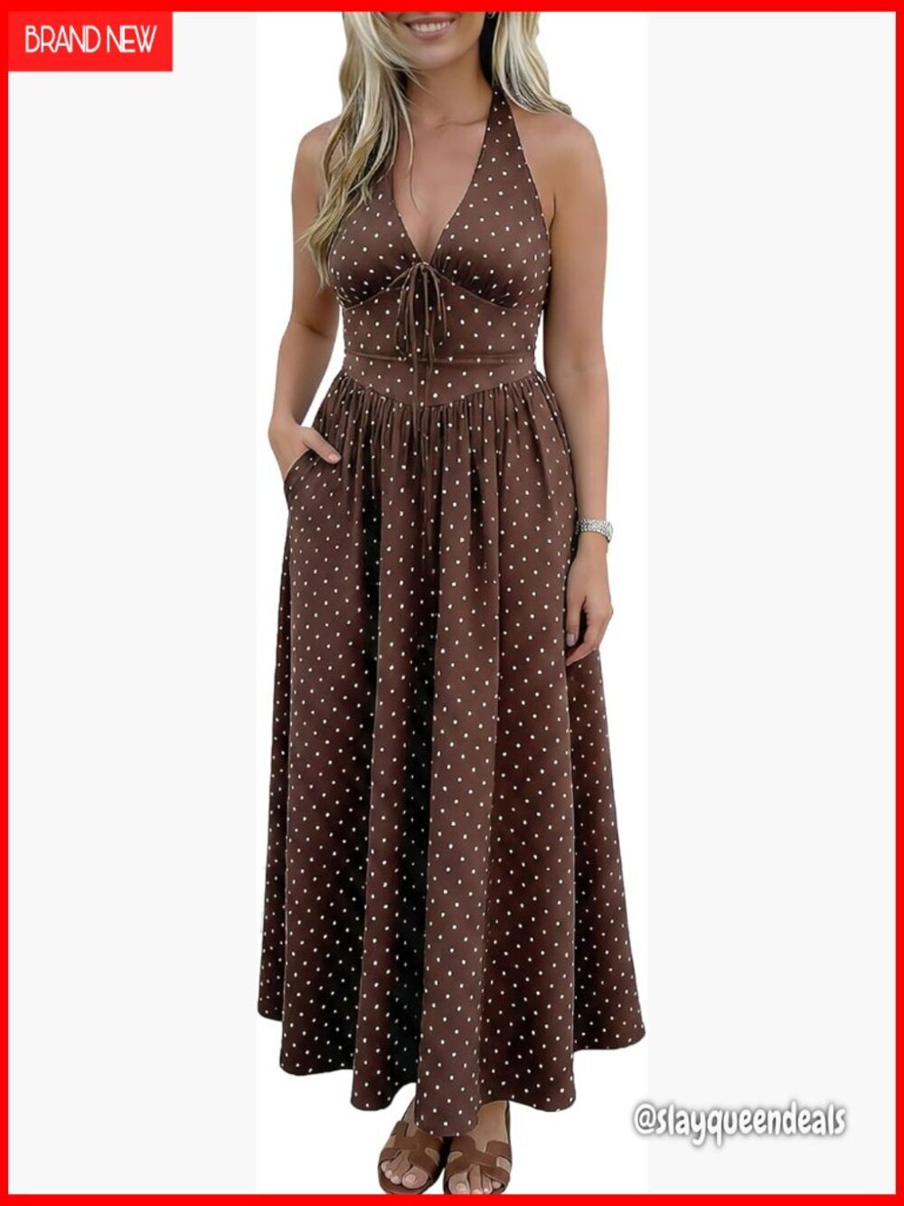 Polka Dot Halter Maxi Dress with Pockets Smocked Bodice Casual Long